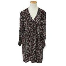GAP Dress Women's L Large Black Floral V-Neck Long Sleeve A-Line Knee Length