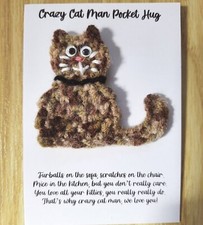 HANDMADE CROCHET CRAZY CAT MAN POCKET HUG cat lover COLOUR CHOICES *FREEPOST*