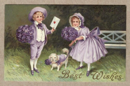 Best Wishes, Boy, Girl, & Dog With Flower Bouquets, 1910 Embossed Postcard - Picture 1 of 2