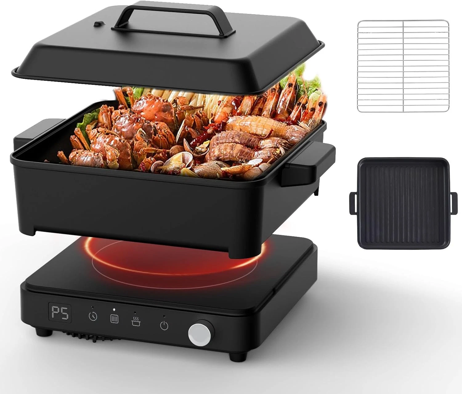Portable Induction Cooktop with Removable Iron Cast Griddle Pan & Pot Non-Stick,