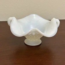 Vintage White Milk Glass Ruffled Edge Candy Nut Bowl Dish With Handles