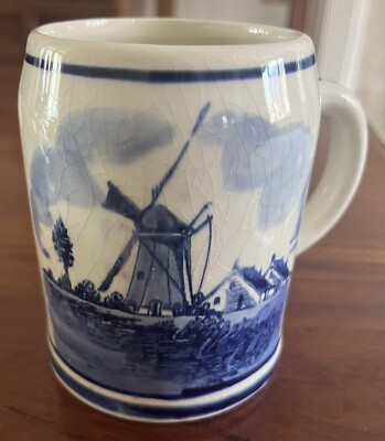 Handbemalte blaue Tasse - Windmühle & Schiffe Szene - Made in Holland - Heinen Delft