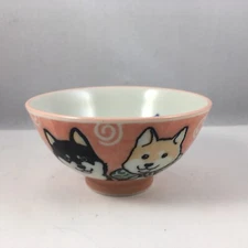 Japanese Children Rice Soup Bowl 4.25"D Porcelain Red Shiba Inu Dog JAPAN MADE