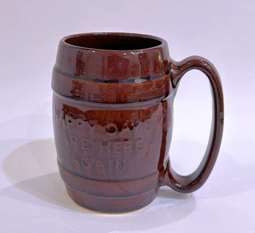 Vintage HULL Pottery "Happy Days Are Here Again" Barrell Shaped Coffee Mug
