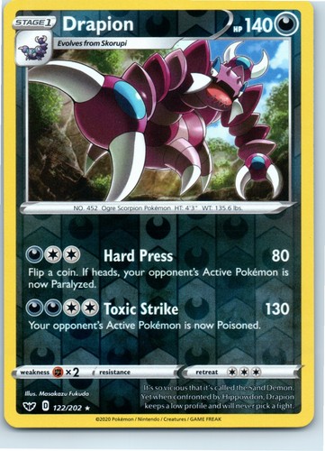 Drapion Sword & Shield Base Set 122/202 Rare Reverse Holo Pokemon Near Mint