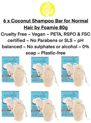 6 x 80g Foamie Kokos Shampoo Riegel normales Haar VEGAN ohne Parabene SLS Sulfate