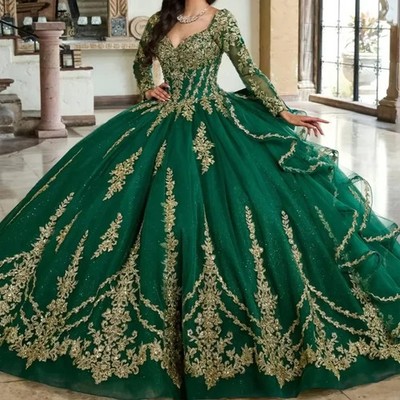 Glittering Green Quinceanera Dress Bow Luxury Golden Lace Beading Birthday Party