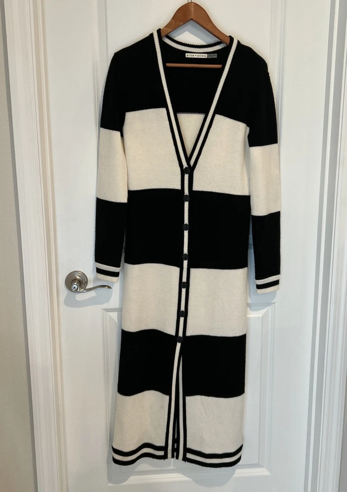 Alice + Olivia Long Open Wool Cardigan Duster Size XS Navy Blue / Cream - Image 2 of 4