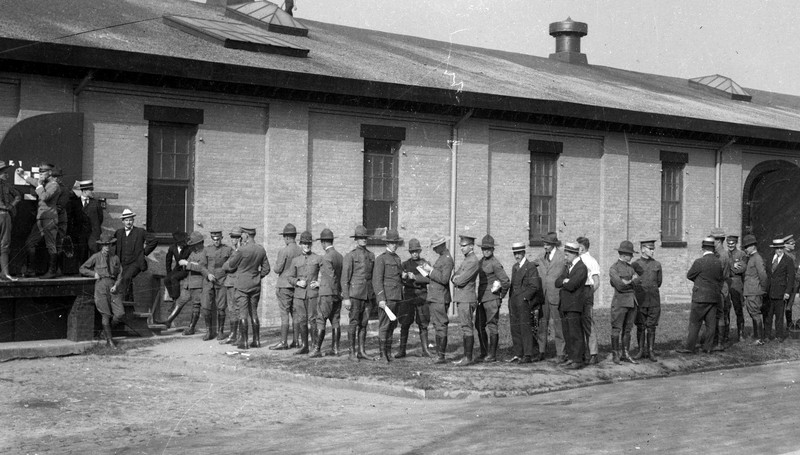 1910s WWI Soldiers New Recruits Line Up @ Mess Hall Glass Camera Negative
