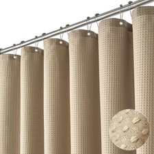 Beige Fabric Shower Curtain Waffle Textured Weighted Cloth Hooks Set 72x72