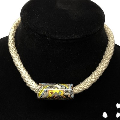 Braided Cord Necklace Cream Multi-Color Boho Chic Patterned Bead Artisan Style