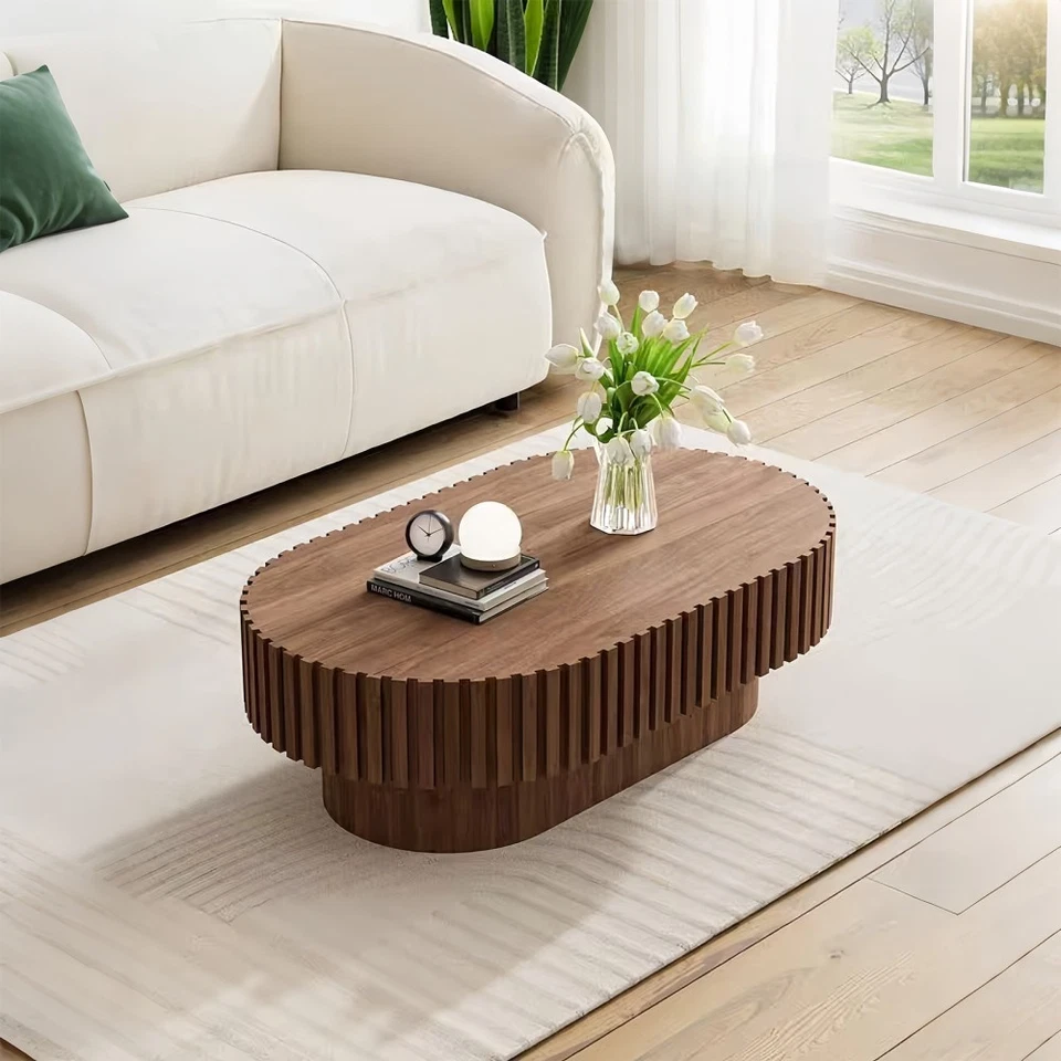 椭圆形咖啡桌中世纪现代凹槽咖啡桌带底座 — 第 2/4 张图片