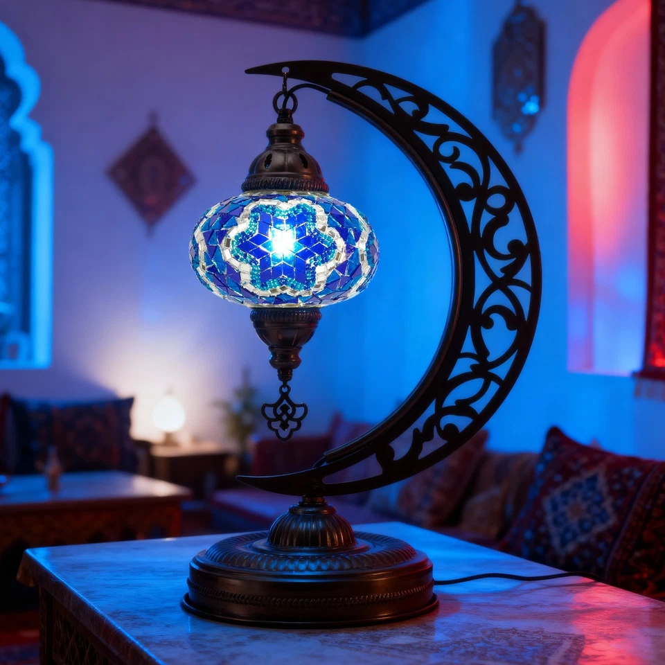 Mozaist Turkish Mosaic Moon Table Lamp, Moroccan Style Stained Glass Lamp - Image 4 of 4