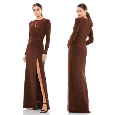 NWOT Mac Duggal Chocolate 55708 Long Sleeve Keyhole Draped  Jersey Maxi Gown 2