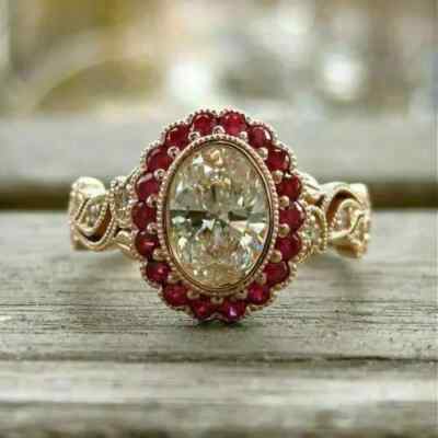 14K Rose Gold Finish Art Deco Style Simulated Diamond & Ruby Her Engagement Ring