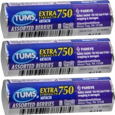 Tums Extra Strength 750 Assorted Berries Antacid Tablets 8 per roll , 3 Rolls