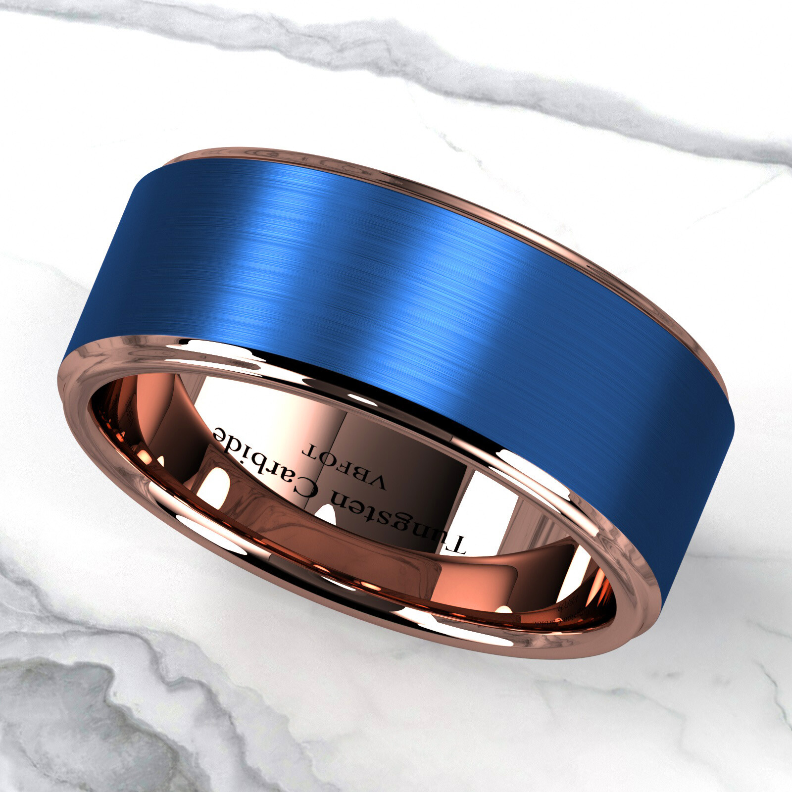 VBFOT 8/6mm Blue Tungsten Carbide Ring Rose Gold Plated Brushed Men