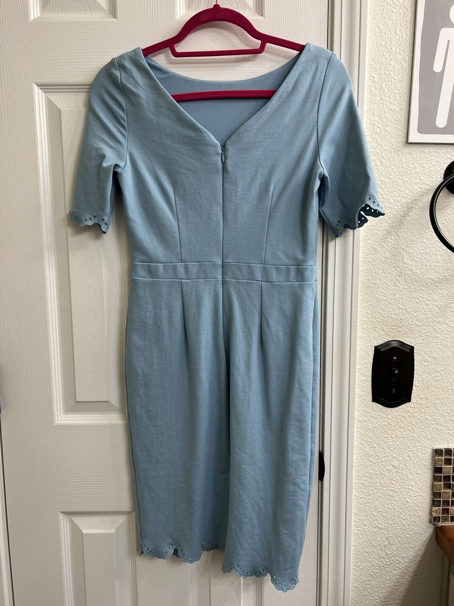 BODEN Emma Eyelet Scalloped Hem Blue Ponte Sheath Dress US 6R-UK 10R Women