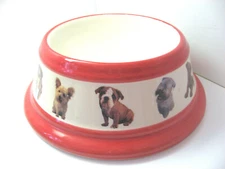 Puppy Pictures Dog Bowl UDC Large Ceramic Red White Food Water 9"