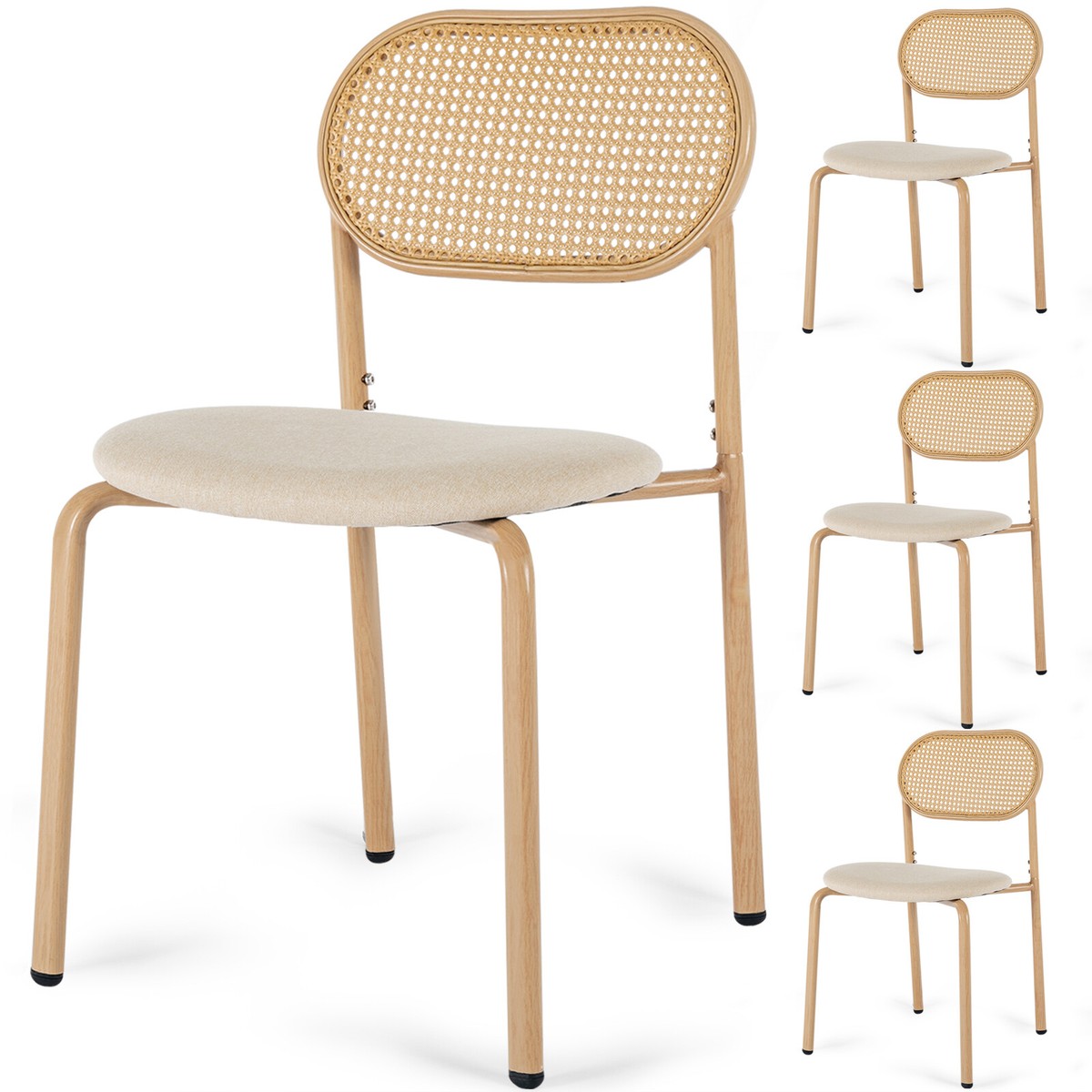 Boho Set of Dining Chairs Upholstered w/Rattan Back,Metal Leg