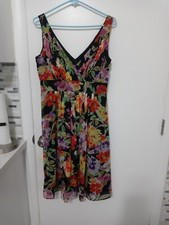 Eliza J. Double V Neck 100% Silk pleated Lined Boho Floral Chiffon Dress