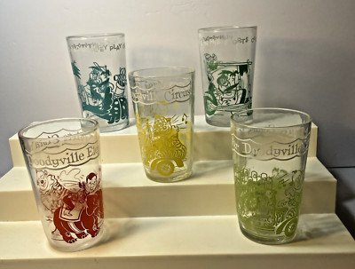 (5) 50's-1970's Archies- Doody-Flintstones Welch's Jelly Juice Glasses 4.25''