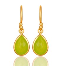 Green Chalcedony Gemstone Yellow Gold Plated 925 Silver Dangle Earrings