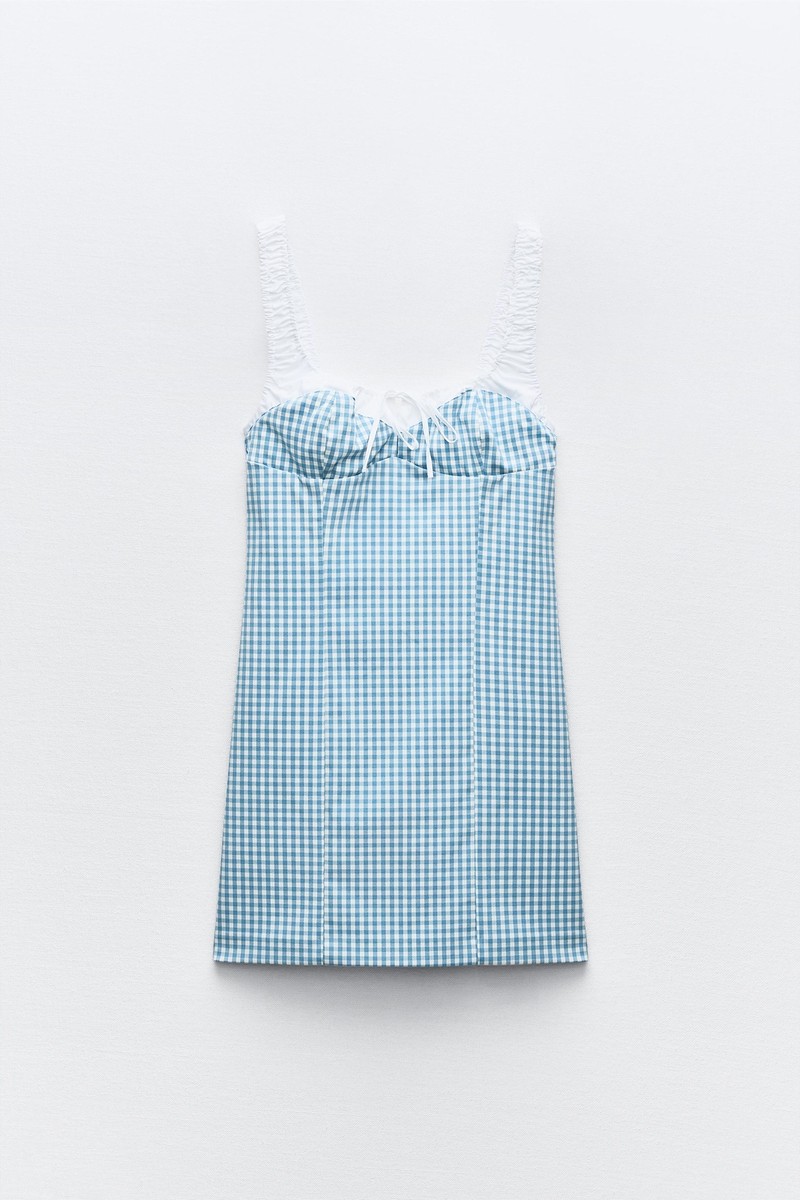 Zara CONTRAST GINGHAM CHECK DRESS blue white size S BNWT | eBay UK