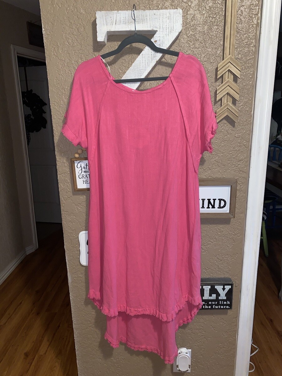 Umgee Dress Womens Large Pink Linen Blend Lagenlook Frayed Fringe Hi Low  Hem NWT | eBay