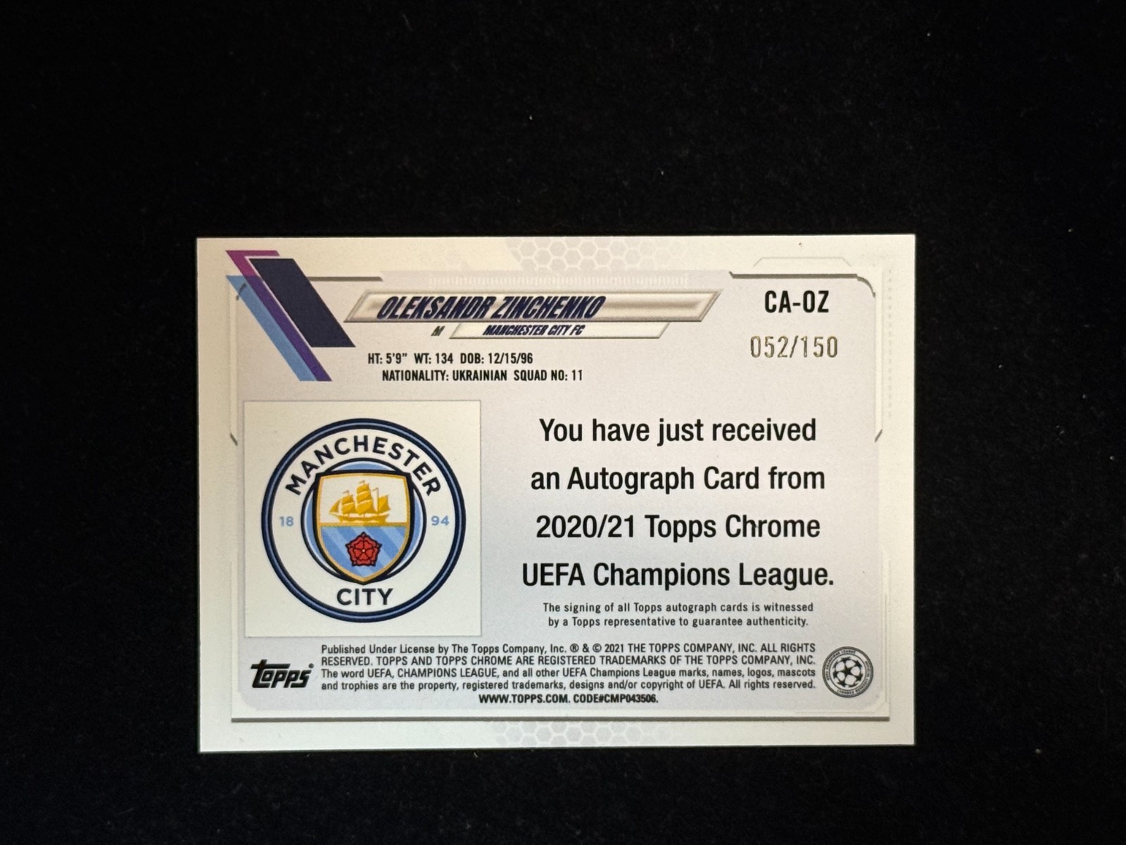 Oleksandr Zinchenko 2020‑21 Topps Chrome Champions League Man City Auto Blue/150 view 2