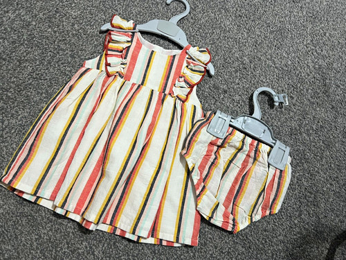 Babu Baby Girls 2pc Striped Cotton Dress & Bloomers Set 6-9 Months