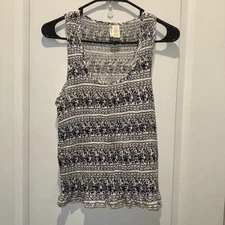 Japna Sz Large Handmade Stretch Racer Back Tank Top Navy & White Flower Pattern