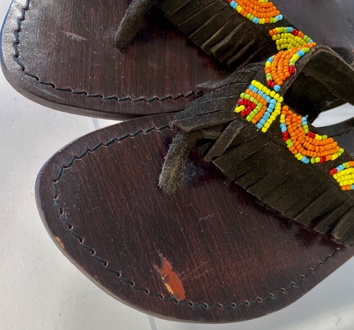 MYSTIQUE Handmade Beaded Suede Leather Fringe Thong Sandal 9 fits 8 Brown $240 - Picture 5 of 9