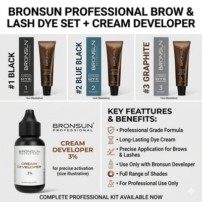 Bronsun Professional Brow & Lash Dye Set + 3% Cream Developer Tint Kit Full Size