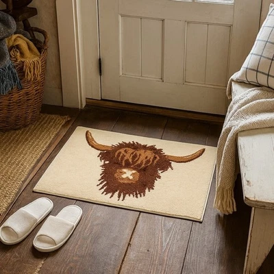 ALLURE BATH FASHIONS Luxury Highland Cow Bath Mat Non Slip 50 x 80cm - Soft & Absorbent Farmhouse Rug