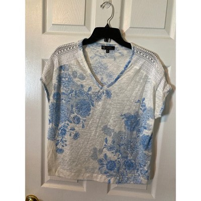 D2 by Danica Floral Burnout Crochet Lace Shoulder V-Neck Top Blue White Medium