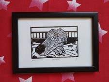 Dog Sighthound Lurcher sleeping Lino Print Framed (choice of frame colours)