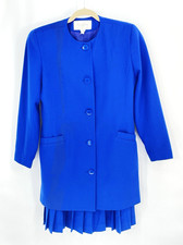 Vtg 80s Christian Dior The Suit Size 14 Blue 100  Wool Pleated Skirt Suit READ