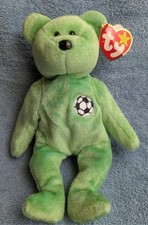 Ty Beanie Baby 1998 Kicks The Soccer Bear Plush Stuffed Animal Green Pre-Owned