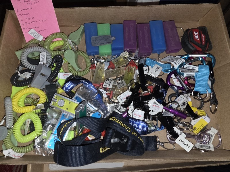70 PC. LOT NEW VARIOUS KEYCHAINS- HILLMAN & OTHERS WHISTLES WRIST COILS LEVELS