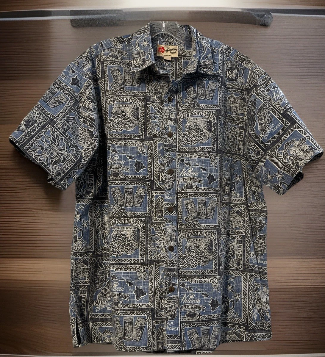 VTG The Hawaiian Original Shirt Men Lg All Over Print Hawaiian Coffee 200th Anni