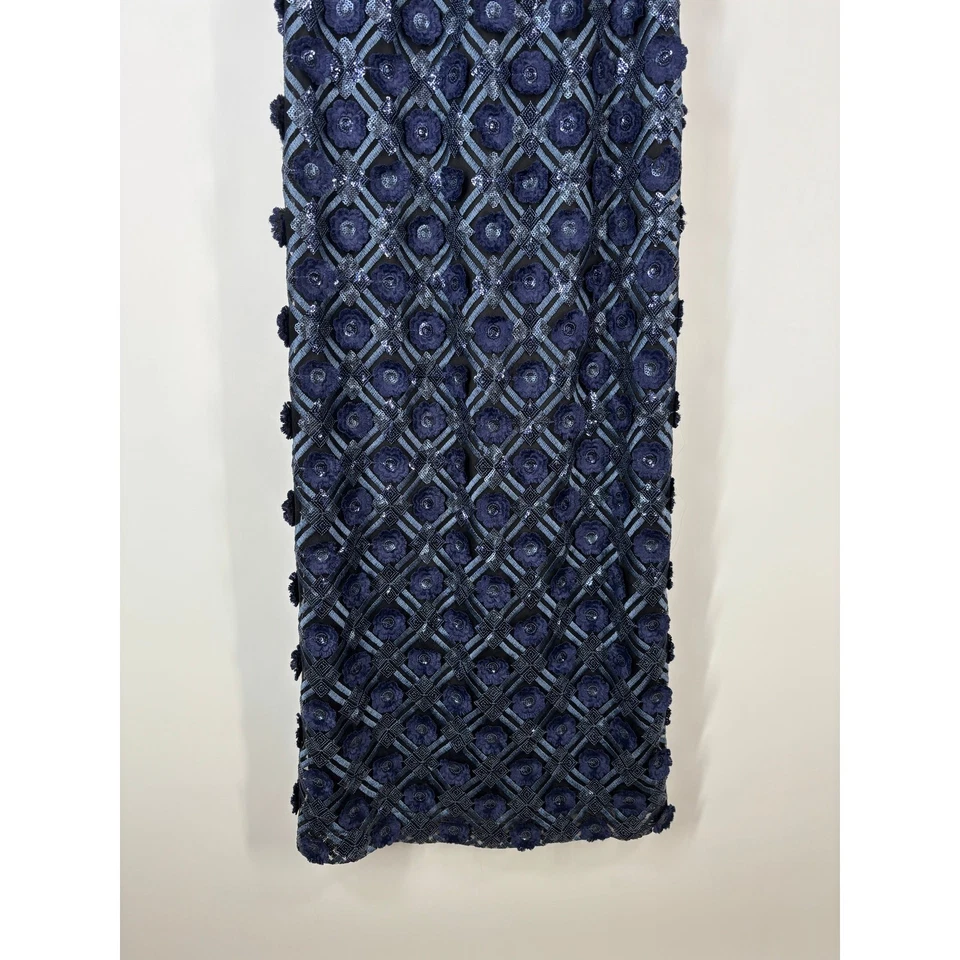 Belle Badgley Mischka Dress Women 4 Blue Floral 3D Geometric Long Formal Sequin - Image 4 of 4