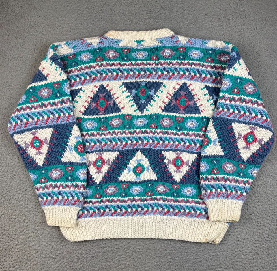 Suéter Orvis Para Hombre Mediano Crema Multicolor Geométrico Azteca Cuello Redondo Tejido a Mano Foto 2 de 4