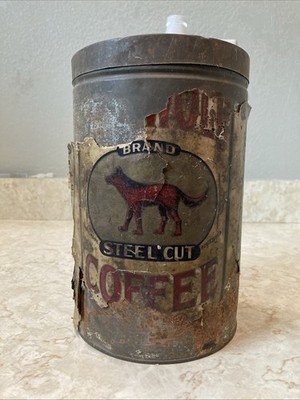 Vintage Red Wolf Steel Cut Tall Coffee Can Ridenour Baker Paper Label Survivor