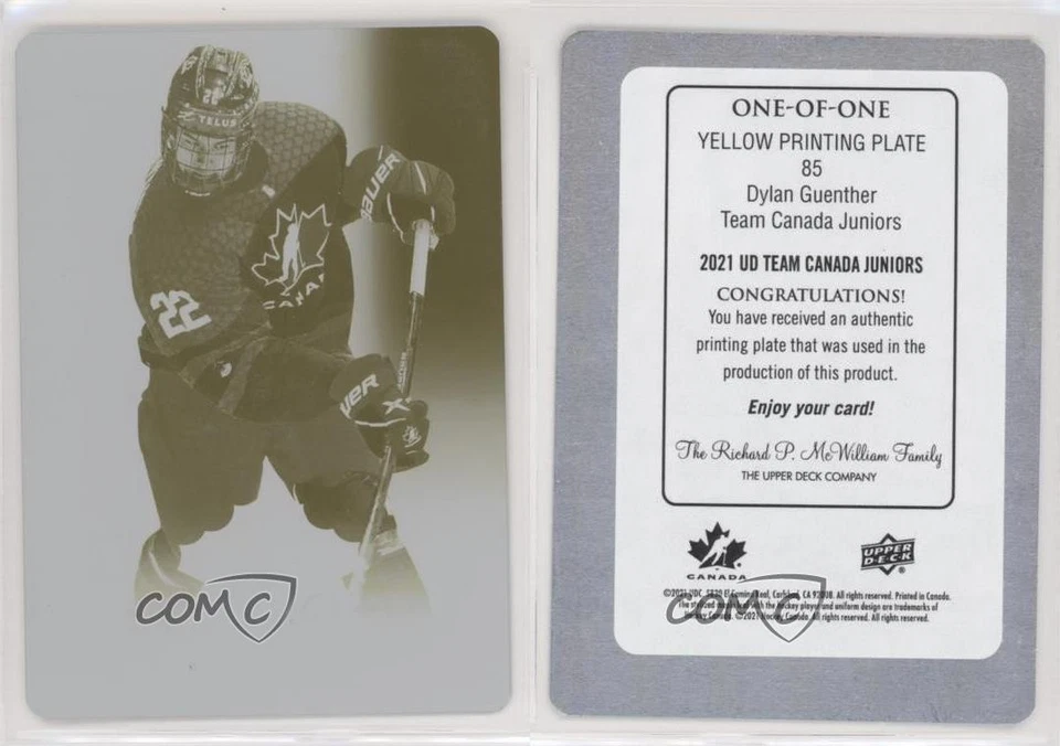 2021 Team Canada Juniors Printing Plate Yellow 1/1 Dylan Guenther #85 03z4 - Image 3 of 3