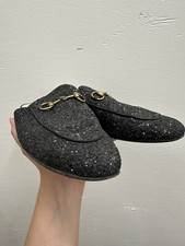 GUCCI Black Glittered Princetown Horsebit Loafers Flats Mules Women EU 38 US 8