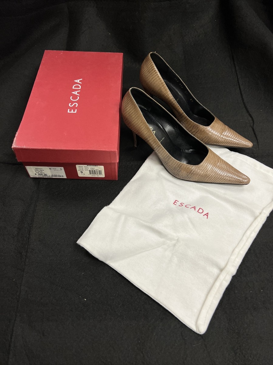ESCADA Shoes Womens 39 Camel Brown Embossed Leather High Heel Pumps Vintage  Y2K