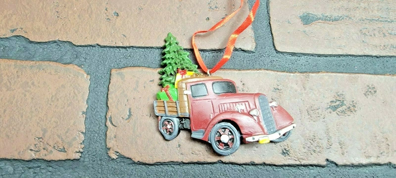 Vintage Truck Ornaments Rustic Holiday Decorations Set of 2 Red and