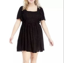 Wonderly Womens Plus Size 2X Black Metallic Weave Smocked Tie Back Dress I24