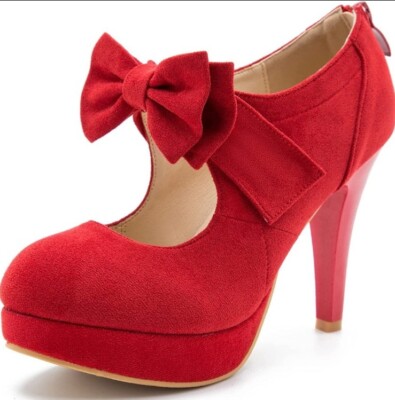 Red Velvet Women's Bow Tie High Heel Elegant Vintage Style Platform Pumps  Closed